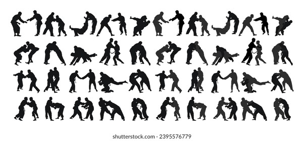 Judoist, judoka, athlete duel, fight, judo, sport figure silhouette outline