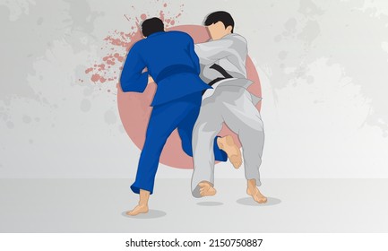 A judoka in a blue kimono makes a cut to his opponent in a white kimono during training