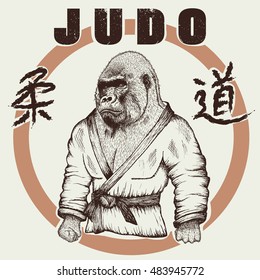 Judoka gorilla dressed in kimono. Hand drawn style.Label for judo.Japanese writing