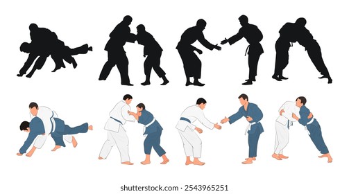 Judoka, judoist, athlete duel, fight, judo, sport figure, silhouette outline
