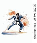 Judoka man in white judogi kimono with black belt.Judo vector watercolor splash paint drawing illustration isolate on white background.Martial arts painting.Fighter boy.Taekwondo.Karate.Jiujitsu print