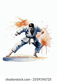 Judoka man in white judogi kimono with black belt.Judo vector watercolor splash paint drawing illustration isolate on white background.Martial arts painting.Fighter boy.Taekwondo.Karate.Jiujitsu print