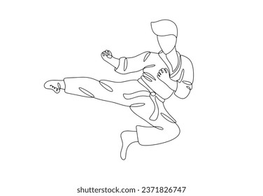 A judoka performs a special jump. A man practices judo. World Judo Day. One line drawing for different uses. Vector illustration.