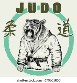 Judoka tiger dressed in kimono. Hand drawn style.Vector poster for judo-Japanese wrestling.Prints design for t-shirts