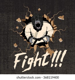 Judoka-gorilla hit a wall.Cartoon style.Vector illustration