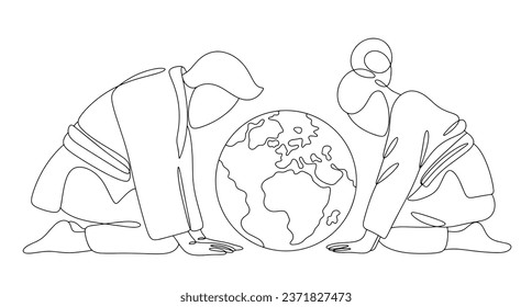 Judokas bow to each other and to the world. Respect and philosophy. World Judo Day. One line drawing for different uses. Vector illustration.