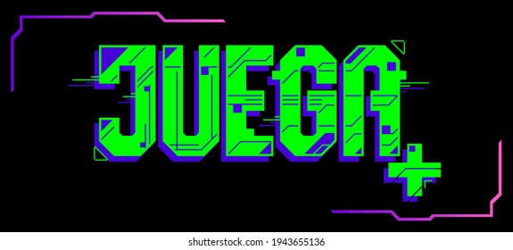 Juega, Play Spanish text, vector Gaming emblem design.