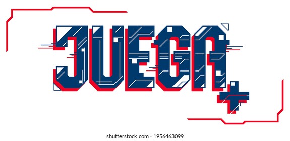Juega, Play Spanish text, vector Gaming emblem design.