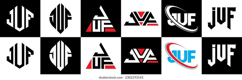 JUF letter logo design in six style. JUF polygon, circle, triangle, hexagon, flat and simple style with black and white color variation letter logo set in one artboard. JUF minimalist and classic logo