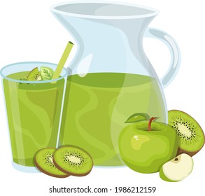 Jug of apple juice with mint leaves and kiwi, fresh summer vitamin drink, natural healthy juice, glass of apple juice, kiwi and apple, apple smoothie