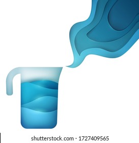 Jug with blue clear mineral water and falling waves on white background. Abstract art composition in modern geometric style. Minialistic concept design template for branding. Vector illustration.