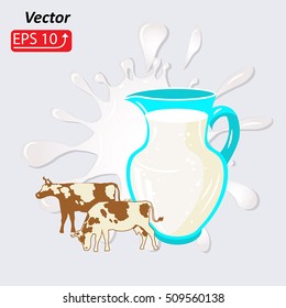 Jug, blue green pitcher of Fresh milk , cow and splash white blot of milk, isolated on grey background vector illustration