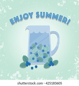 Jug of blueberry, lime and mint infused water. 'Enjoy summer' poster in vintage style. Vector illustration.