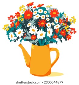 Jug with bouquet with blooming flowers and herbs, daisies. Spring. Garden decor. Vector illustration