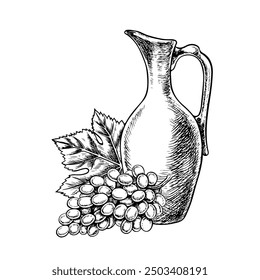 A jug and a bunch of grapes. Vector graphics, black and white hand-drawn illustration. Isolate on a white background. A design element for packages, labels. For banners, posters. For menus, postcards.