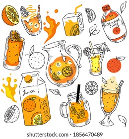 Jug, cardboard packet package and glass of tasty orange juice, liquid vitamin cocktail hand drawing doodle sketch. Healthy summer refreshment assortment vector illustration on white background