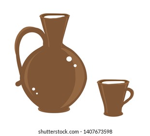 Jug and ceramic cup with milk on a white background. Vector illustration. 