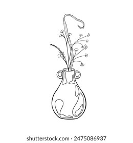 Jug ceramic and flowers black white outline vector illustration isolated. Vase with simple plants graphic linear hand drawn. Simple vase ink painted. For ceramics workshop, school, modeling clay