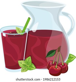 A jug of cherry juice with mint leaves, a fresh summer vitamin drink, natural healthy juice, a glass of cherry juice and cherries