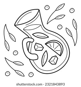 Jug with cold drink. Doodle black and white vector illustration.