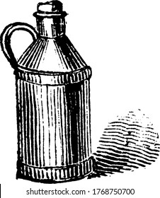 Jug es un recipiente con mango con apertura estrecha, utilizado para almacenar y verter líquido., dibujo de línea vintage o ilustración de grabado. 