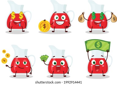 Jug of cranberry juice cartoon character with cute emoticon bring money. Vector illustration