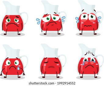 Jug of cranberry juice cartoon character with sad expression. Vector illustration