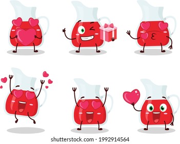 Jug of cranberry juice cartoon character with love cute emoticon. Vector illustration