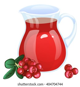 A jug of cranberry juice isolated on a white background. Healthy and delicious organic fitness nutrition. Vector cartoon close-up illustration.