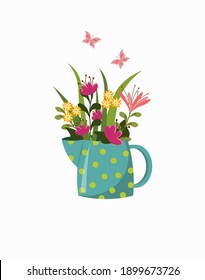 A jug with different flowers and butterflies. Postcard for spring time. Vector illustration isolated on white background. Icon for invitations, holiday greetings, logos and decor.