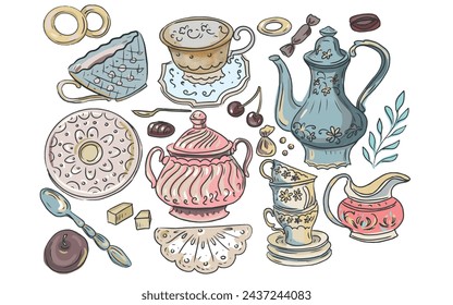 Jug, dishes, cups, tea and coffee set hand drawn candy spoon saucer breakfast set separately on a white background print