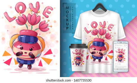 Jug with flower poster and merchandising. Vector eps 10
