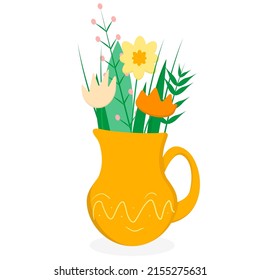 Jug con flores y hojas en un estilo plano