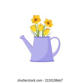 Jug of flowers, tulips and daffodils, spring bouquet of hydrangeas. Vector illustration. Eps 10