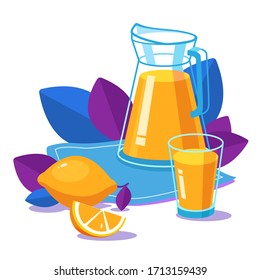 Jug of fresh homemade lemonade. Glass of tasty lemonade. Still life food with fresh juicy bright lemons.Contrast gamma