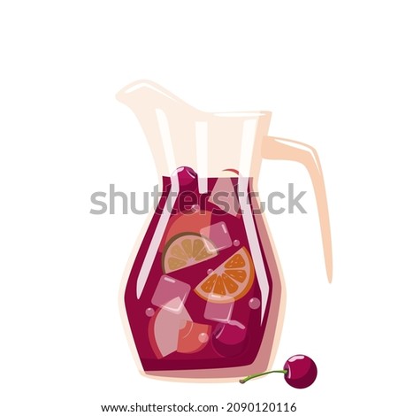Jug with fruit and berry drink with ice and cherry. Sangria is a traditional Spanish drink. Vector illustration isolated on a white background Imagine de stoc © 