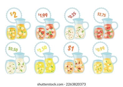 Jug fruit juice with glass and price cafe menu set vector flat illustration. Refreshing summer lemonade liquid beverage vitamin drink berry slice and ice assortment orange strawberry apple watermelon