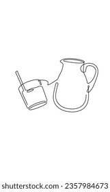 Jug and glass of drink. Kitchen illustration can be yused as poster, sticker, print, wall decor. Continuous line drawing art.