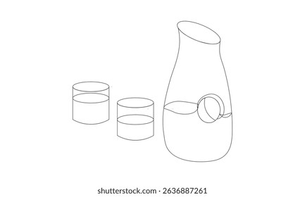 Jug and Glass Drinking Set Aesthetic Outline Silhouettes, Sake set with carafe and cups on white background