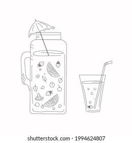 A jug and a glass of drinks. Fruit juice. Fresh fruits and berries. Doodle style. Vector illustration. Isolated, white background.