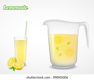 Ein Krug und Glas Limonade und eine halbe Zitrone mit Blatt. Vektorgrafik