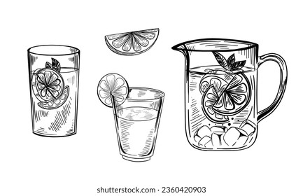 Jug and glass with lemonade. Hand drawn vector illustration