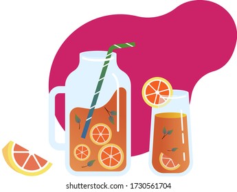 Jug, glass of lemonade and lemon fruits on white background. Flat style, vector illustration.

