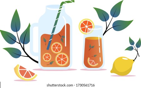Jug, glass of lemonade and lemon fruits on white background. Flat style, vector illustration.
