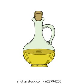 Jug glass of liquid with cork stopper in color. Olive oil. Hand drawn ink design element. Vintage black illustration. Isolated on white background.