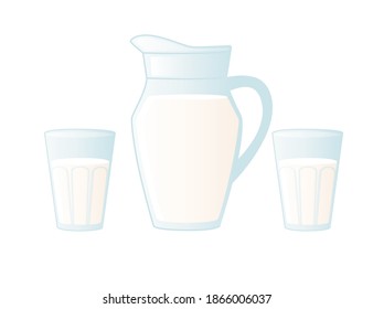 Jug and glass of milk flat vector illustration isolated on white background