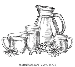 jug and glass of milk. Vector illustration in sketch style. farm products, vintage