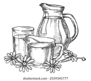 jug and glass of milk. Vector illustration in sketch style. farm products, vintage