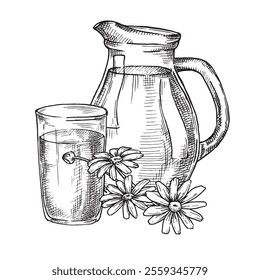 jug and glass of milk. Vector illustration in sketch style. farm products, vintage