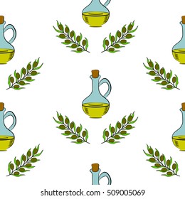 Jug glass of Olive oil with cork stopper and branch with leaves. Hand drawn design element. Vintage illustration in color, decorative frame. Isolated on white,seamless pattern. 